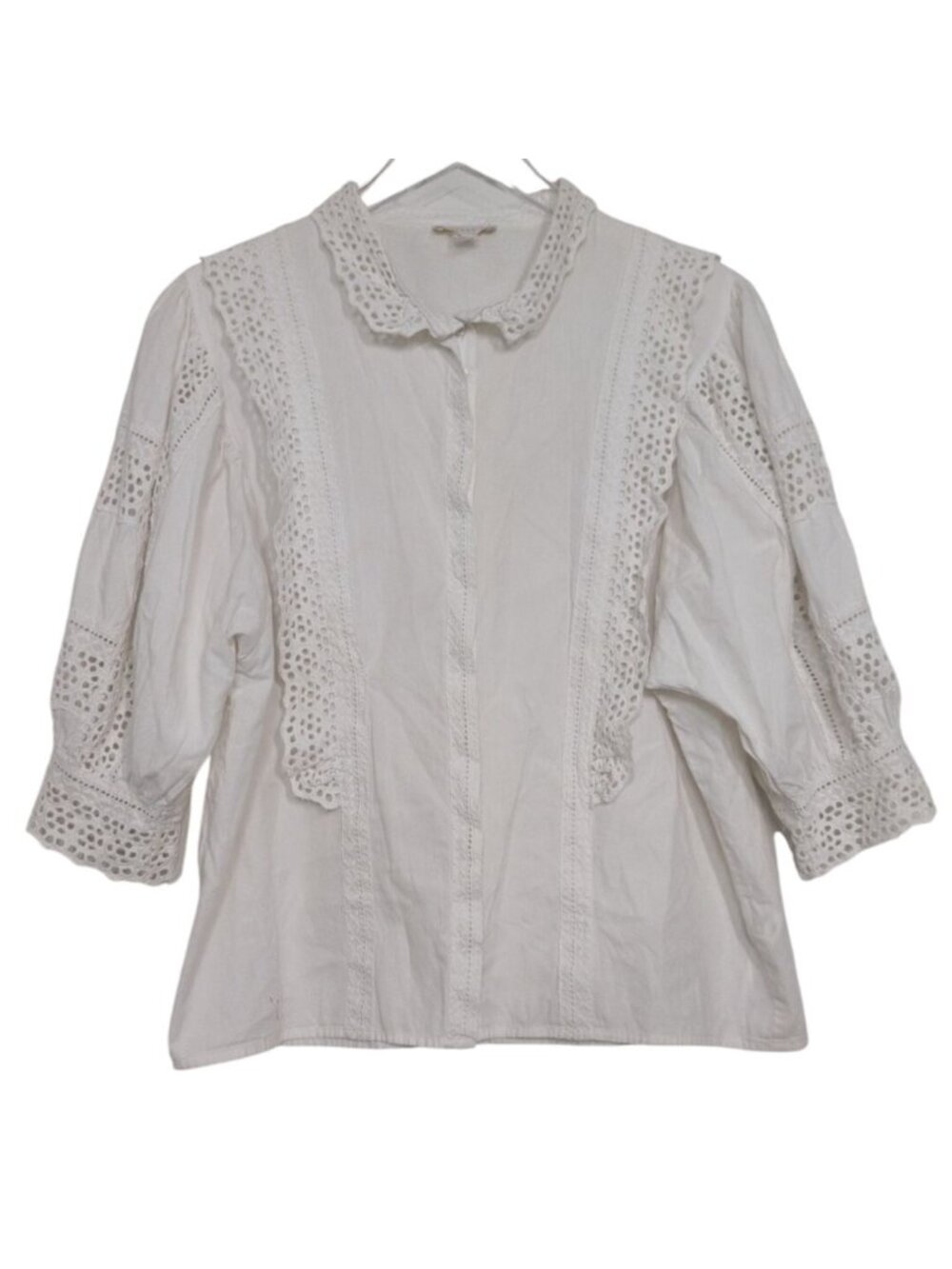 Intropia 40 Eyelet Lace Shirt Womens Size Medium White 100% Cotton 3/4 Sleeve